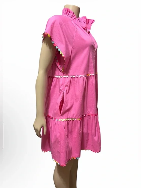Crosby by Mollie Burch Sz S Whitley Dress Pink Bubblegum Tiered Ruffle Pom Trim - Picture 4 of 12